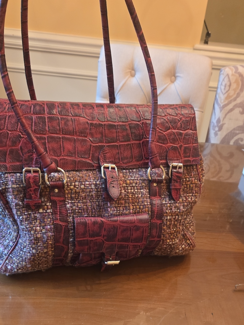 SUAREZ Made In ITALY Tweed and Burgundy Croc-Embossed Birkin Bag